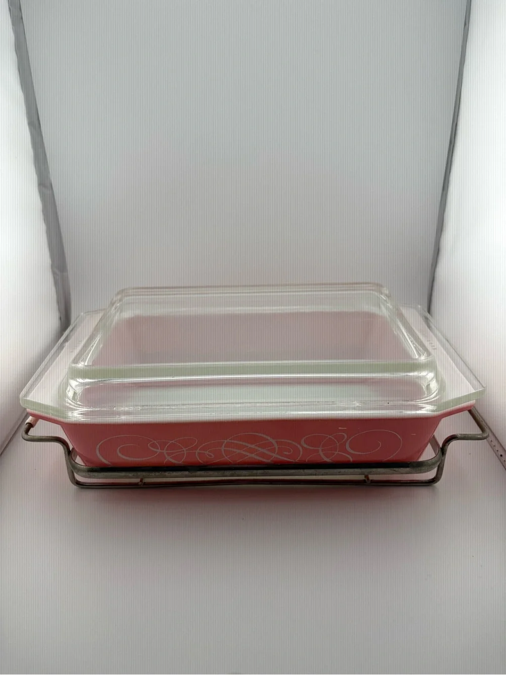 Vintage Pyrex Pink Scroll Space Saver Serving Dish w/ Lid & Cradle 575B
